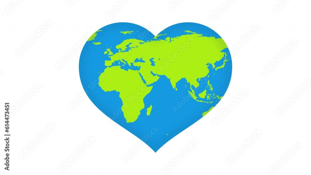 2D animation of cartoon planet Earth in heart shape isolated on a white background. Rotating green blue planet in flat design. Good for educational, or business film, modern explainers, or infographic 2D animation of cartoon planet Earth in heart shape isolated on a white background. Rotating green blue planet in flat design. Good for educational, or business film, modern explainers, or infographic