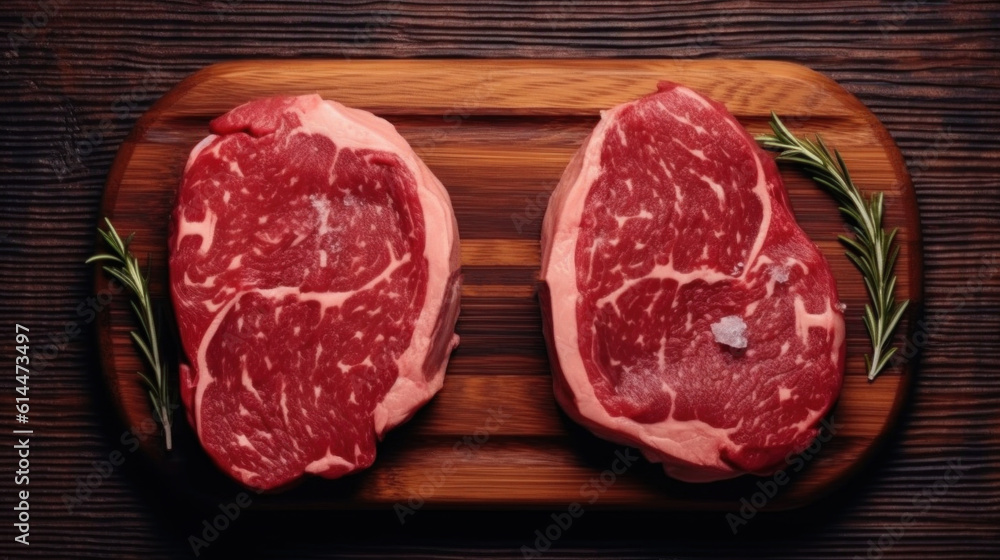 Two raw rib eye steaks on a wooden Board on a table prepared for the grill. Top view rustic style macro lens realistic lighting.