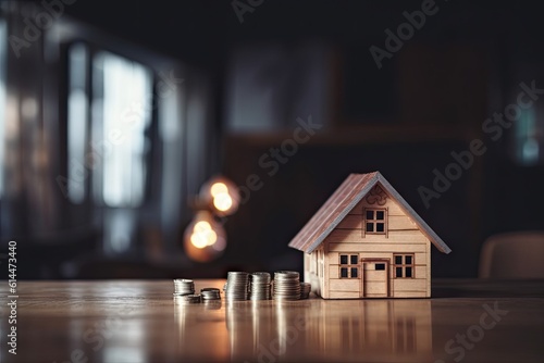 Financial success and investment concept with model house and golden coins stack