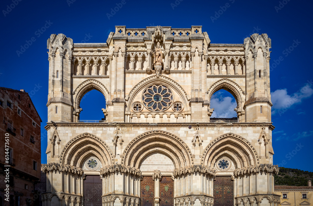 View of the neo-Gothic facade of the Cathedral of Cuenca in the Plaza Mayor, a Unesco World Heritage city