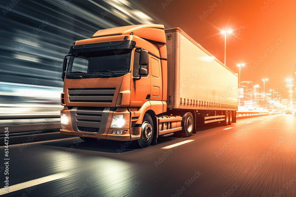 modern lorry speeding down the highway, surrounded by a bustling cityscape, ai generative