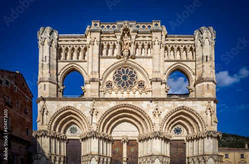 View of the neo-Gothic facade of the Cathedral of Cuenca in the Plaza Mayor, a Unesco World Heritage city