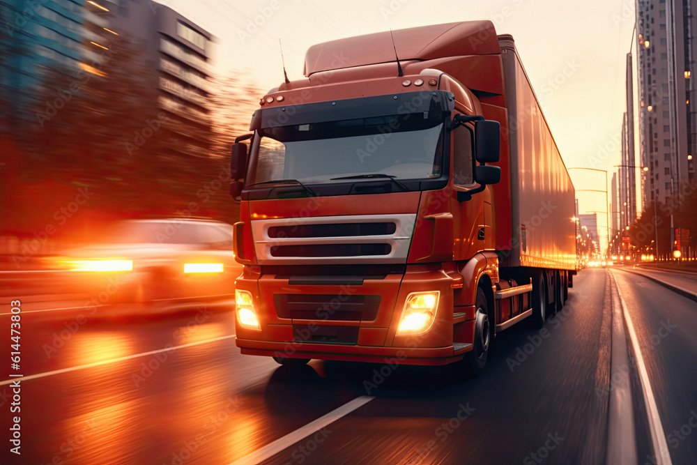 modern lorry speeding down the highway, surrounded by a bustling cityscape, ai generative modern lorry speeding down the highway, surrounded by a bustling cityscape, ai generative