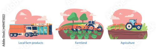 Isolated Elements With Cultivation Stages. Soil Plowing, Watering Plants, Delivery To Stores. Icons Encompass Process