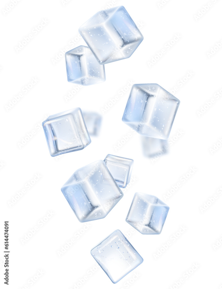 Falling ice cube, isolated on transparent background, selective focus. Flying ice cubes with blur effect . Realistic 3d vector illustration