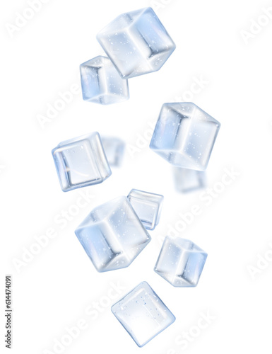 Falling ice cube, isolated on transparent background, selective focus. Flying ice cubes with blur effect . Realistic 3d vector illustration