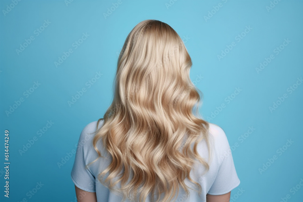 Beautiful young woman with blond stylish wavy hairdo on blue background, back view Beautiful young woman with blond stylish wavy hairdo on blue background, back view