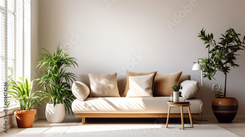 "Minimalistische Natur" - Helles, minimalistisches Wohnzimmer mit Holzmöbeln und grünen Pflanzen. "Generative AI"