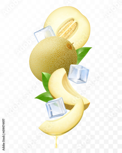 Fresh melon with ice cubes falling or flying. Composition of elements melon with leaves, whole melon, half and slices of melon , 3D realistic vector illustration isolated on transparent background
