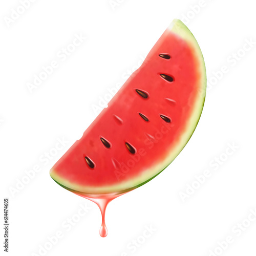 Sliced of watermelon with juice dripping isolated on transparent background. Fresh slice of watermelon with essential oil dripping. Juicy fruit. Fresh summer design. Realistic 3d vector