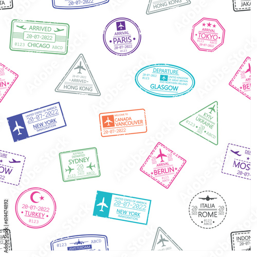 Seamless Pattern Featuring Departure Stamps, Perfect For Travel-themed Designs. Includes A Variety Of Destinations