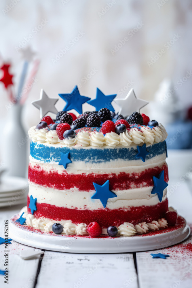 Red, white and blue cake for a patriotic american holiday, 4th of July, generative AI