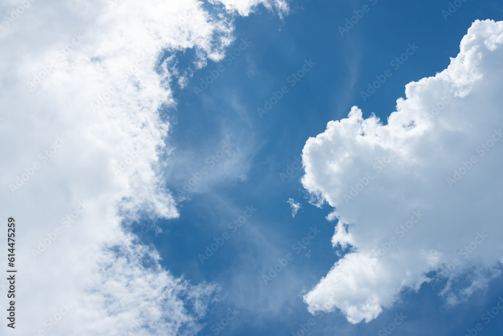 Obraz premium panorama blue sky background with small clouds. White clouds move in the sky in the sunshine. Amazing.
