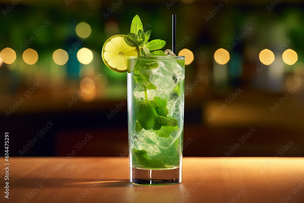 Classic mojito cocktail on a bar counter, generative AI Classic mojito cocktail on a bar counter, generative AI