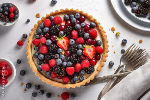 Berry tart in a white modern kitchen with raspberries and blueberries, generative AI