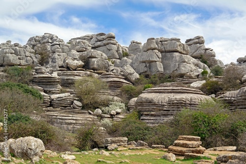 Strange limestone formations in El Torcal de Antequera national Park, in early spring 