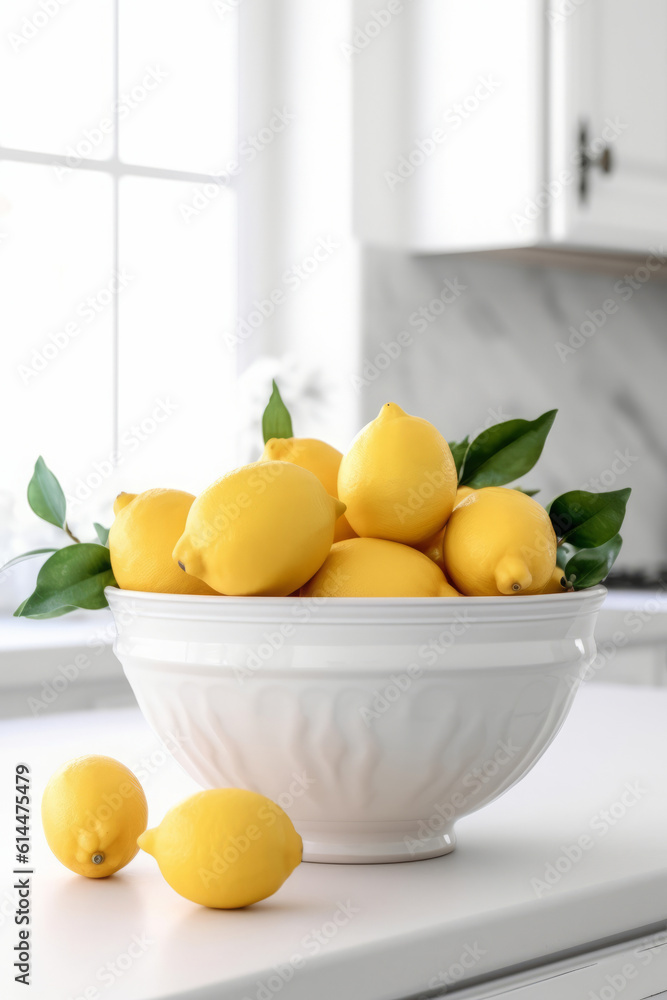 Bowl of lemons in a bright and white kitchen on a countertop, cleanliness and freshness concept, generative AI Bowl of lemons in a bright and white kitchen on a countertop, cleanliness and freshness concept, generative AI