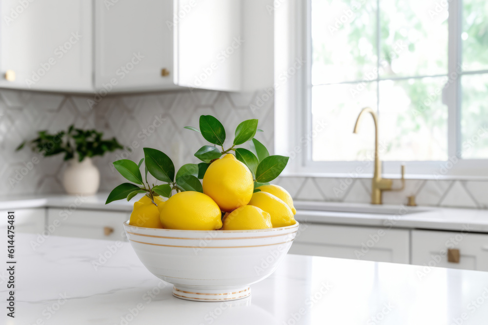 Bowl of lemons in a bright and white kitchen on a countertop, cleanliness and freshness concept, generative AI Bowl of lemons in a bright and white kitchen on a countertop, cleanliness and freshness concept, generative AI