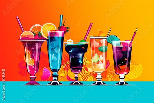 Variety of cocktails  pop art style illustration  generative AI