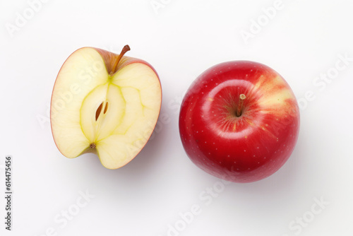 Whole apple and a half apple on white, generative AI