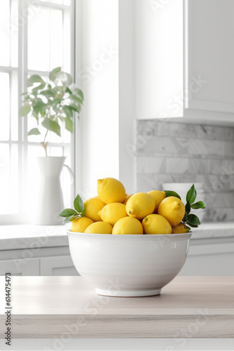 Bowl of lemons in a bright and white kitchen on a countertop, cleanliness and freshness concept, generative AI