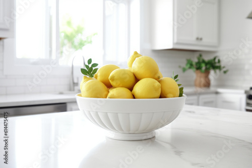 Bowl of lemons in a bright and white kitchen on a countertop  cleanliness and freshness concept  generative AI