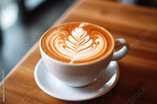 Caramel latte in a mug with milk foam latte art on top, generative AI