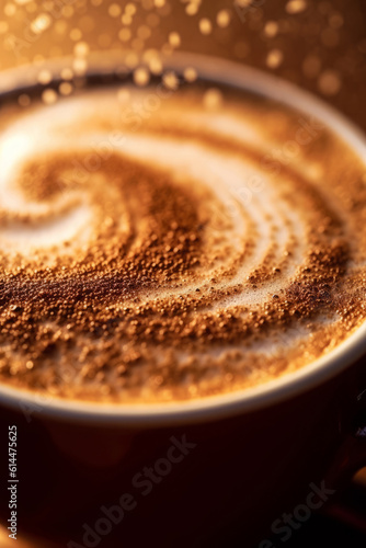 Closeup of a coffee drink crema in a cup being dusted with cinnamon, generative AI