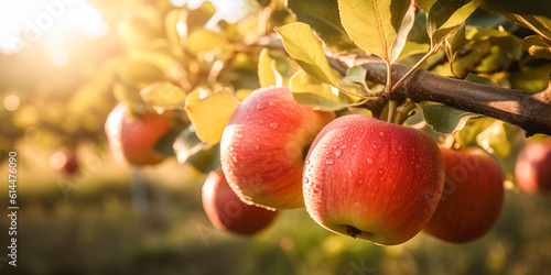 Fresh ripe apples on trees in plantation outdoors. Generative AI.