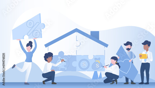 Building jigsaw puzzle house represent process constructing home. Drawing and painting icons creative and design. Financial symbol, piggy bank, saving money, investment. Flat vector illustration.