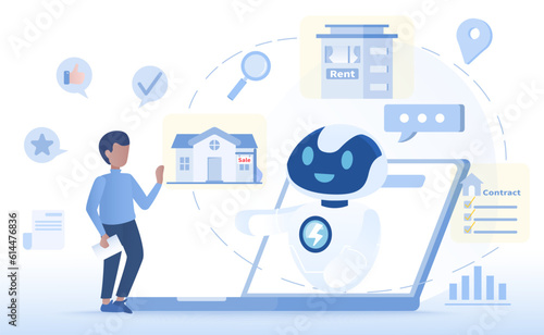 Real estate or mortgage concept. Technology innovation to present and explore property for sale or rent. Digital document, price range, location detail. Flat vector design illustration.
