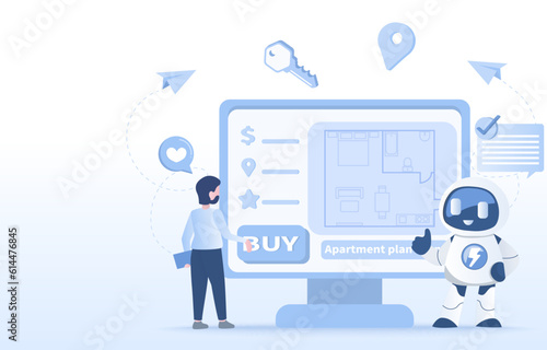 Technology innovation to present and explore property for sale or rent. Showing apartment plan room, price, location, rating, review for comparing. Flat vector design illustration.