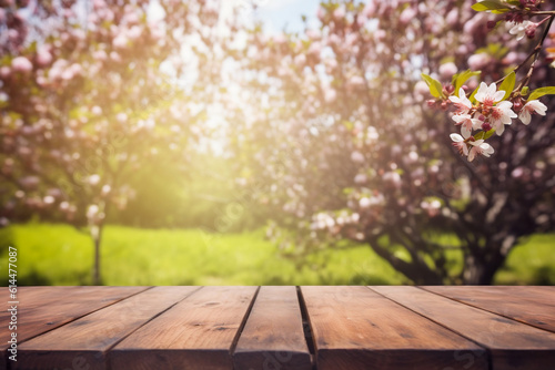 Wooden table in front of spring blooming tree  Spring background  Generative AI