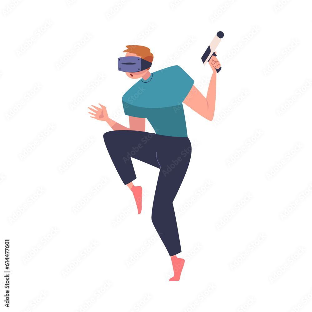 Augmented Reality with Man Character with Weapon in Virtual Reality Glasses Playing Game on Simulator Vector Illustration Augmented Reality with Man Character with Weapon in Virtual Reality Glasses Playing Game on Simulator Vector Illustration