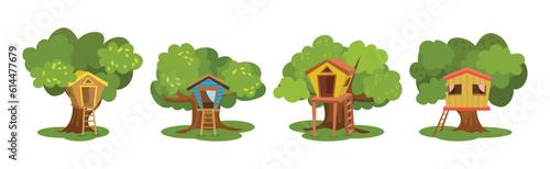 Tree House as Shelter with Ladder Among Green Crown Vector Set
