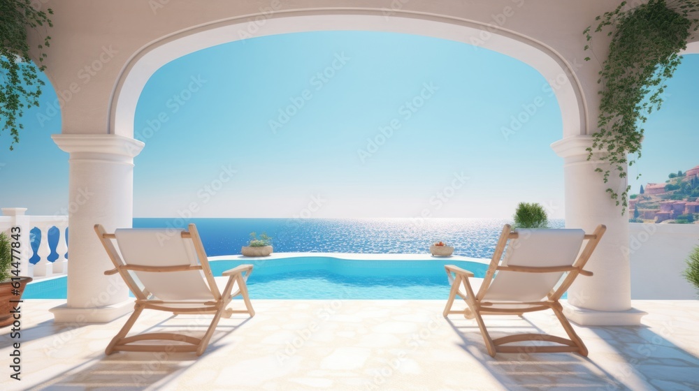 Fototapeta premium Two deck chairs on the pool terrace with stunning sea views. Traditional Mediterranean white architecture with arches. summer vacation concept