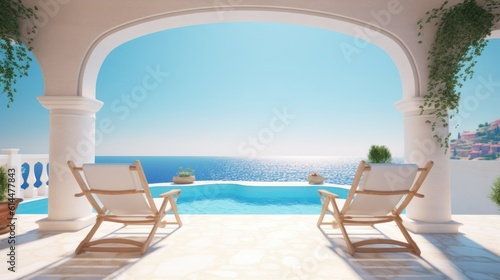 Two deck chairs on the pool terrace with stunning sea views. Traditional Mediterranean white architecture with arches. summer vacation concept