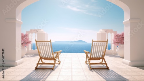 Two deck chairs on the pool terrace with stunning sea views. Traditional Mediterranean white architecture with arches. summer vacation concept