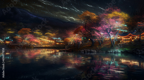 Fantasy Japanese Magical Garden and Park at Night, Nature Landscape v3.