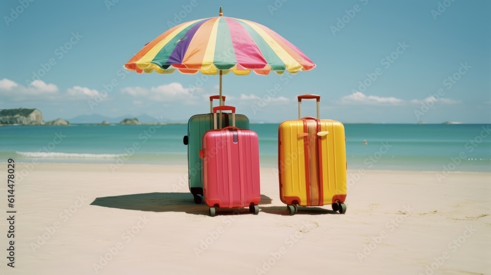 three colorful travel luggage suitcases on a sea ocean beach under a sun umbrella with sand. sunny perfect warm weather with blue sky and water. Generative AI three colorful travel luggage suitcases on a sea ocean beach under a sun umbrella with sand. sunny perfect warm weather with blue sky and water. Generative AI