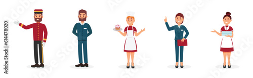 Man and Woman Hotel Staff with Maid, Doorman and Waitress Vector Set