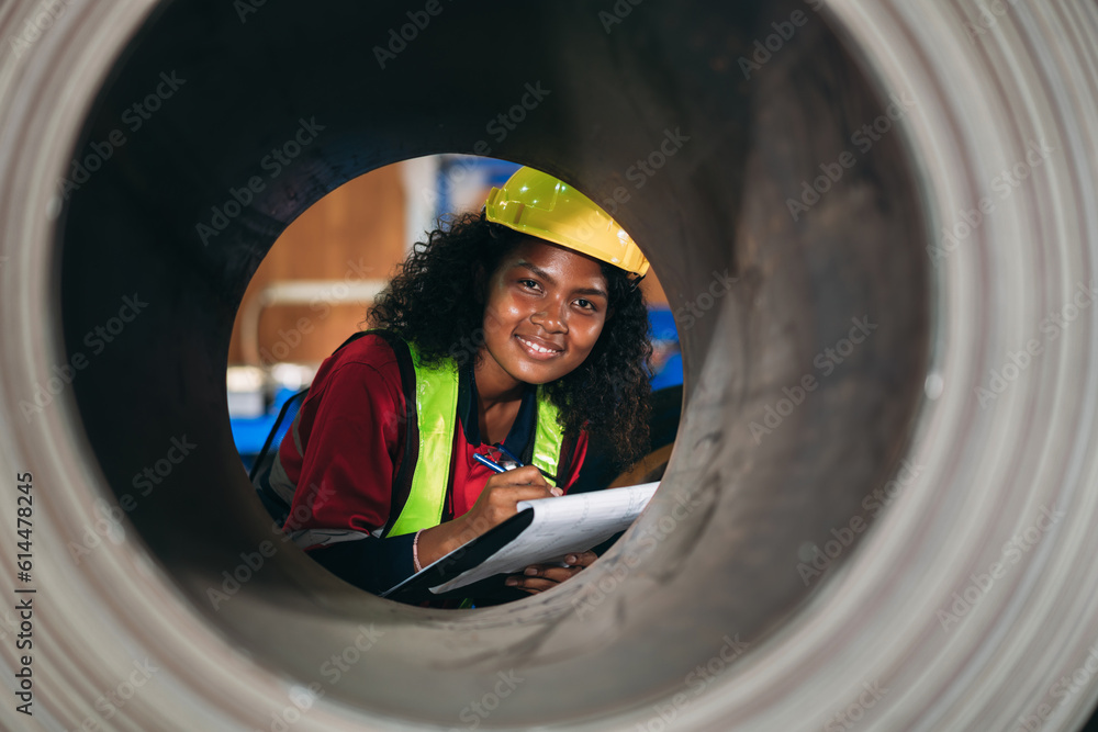 Portrait of industrial worker inspecting and check up machine at factory machines. Technician working in metal sheet at industry. Foreman checking Material or Machine. Portrait of industrial worker inspecting and check up machine at factory machines. Technician working in metal sheet at industry. Foreman checking Material or Machine.