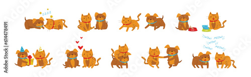 Animal Friendship with Funny Cat and Dog Vector Set