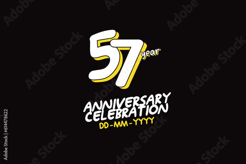 57th, 57 years, 57 year anniversary with white character with yellow shadow on black background-vector