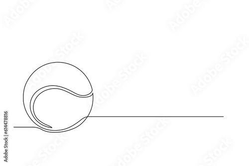 Single line drawing of tennis ball. Tennis equipment one continuous line art. Continuous one line drawing of tennis sport theme with racket and ball Sign and symbol of sports game drawn by single line