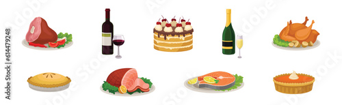 Festive Dish with Ham, Pie, Bottle of Wine, Cake, Roasted Chicken and Salmon Vector Set