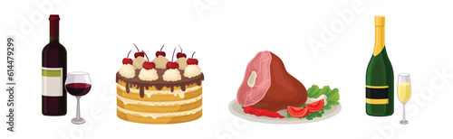 Festive Dish with Ham, Cake and Bottle of Wine Vector Set