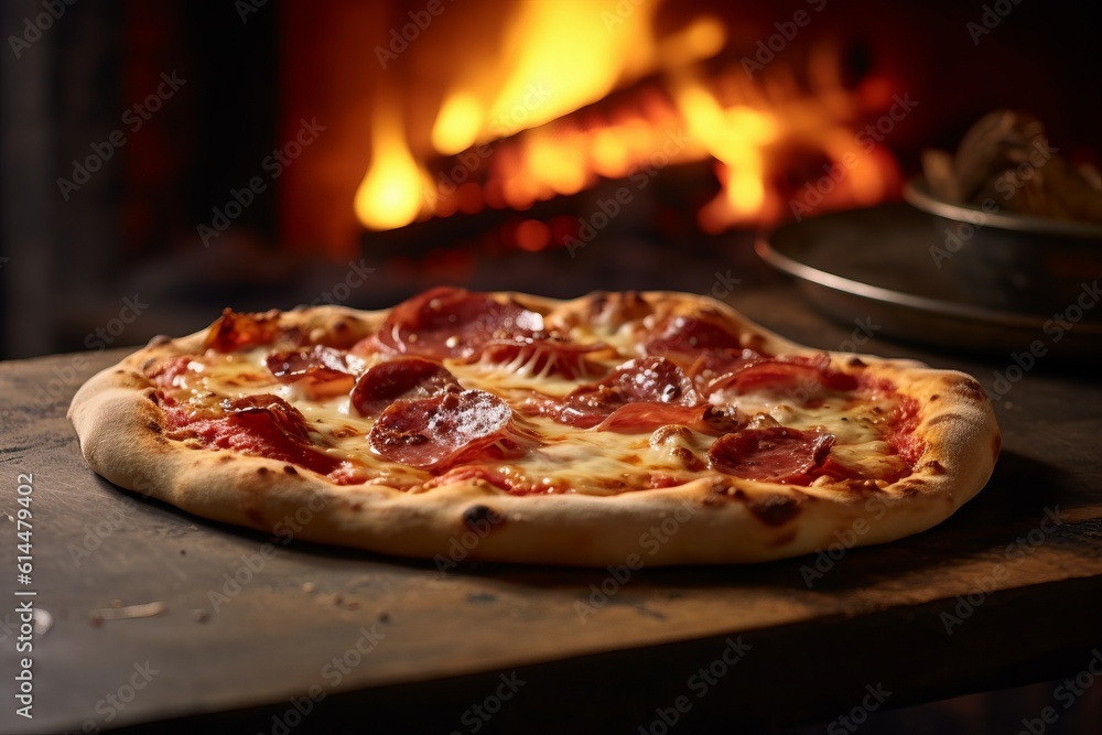 Sliced pizza with salami on dark ground, ai generated, Generative AI Sliced pizza with salami on dark ground, ai generated, Generative AI