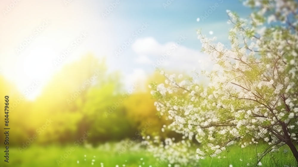 Beautiful, blurred spring background nature with blooming glade, trees and blue sky on a sunny day, Generative Ai