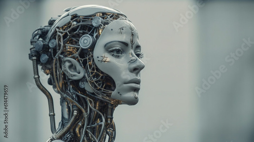 a robot or a woman half a robot with mechanical technological body parts and upgrades, transhumanism cyborg and artificial intelligence,